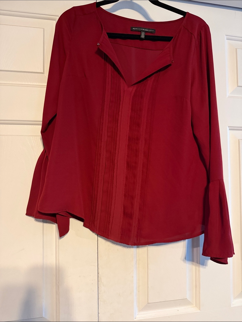 White House Black Market Deep Red Pintuck V-Neck Blouse